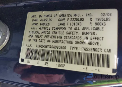 2006 Honda Accord 2.4 Se from USA, damaged, VIN 1HGCM56346A090600